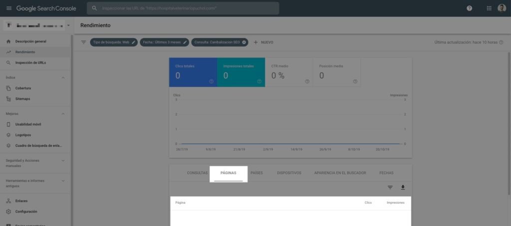 Resultado de la detección de canibalizaciones SEO en Search Console