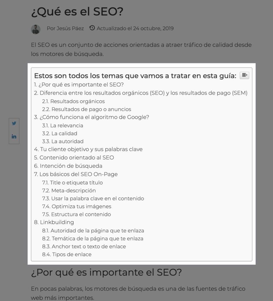 Tabla de contenidos para SEO