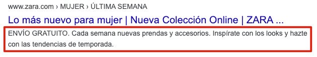 Ejemplo metadescripción de Zara