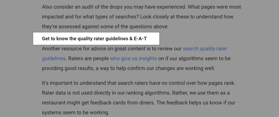Apartado sobre E-A-T en el blog de webmaster de Google