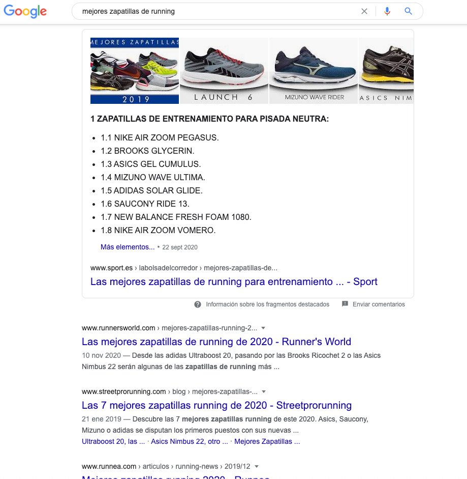 hoja de resultados para la palabra clave "mejores zapatillas de running"