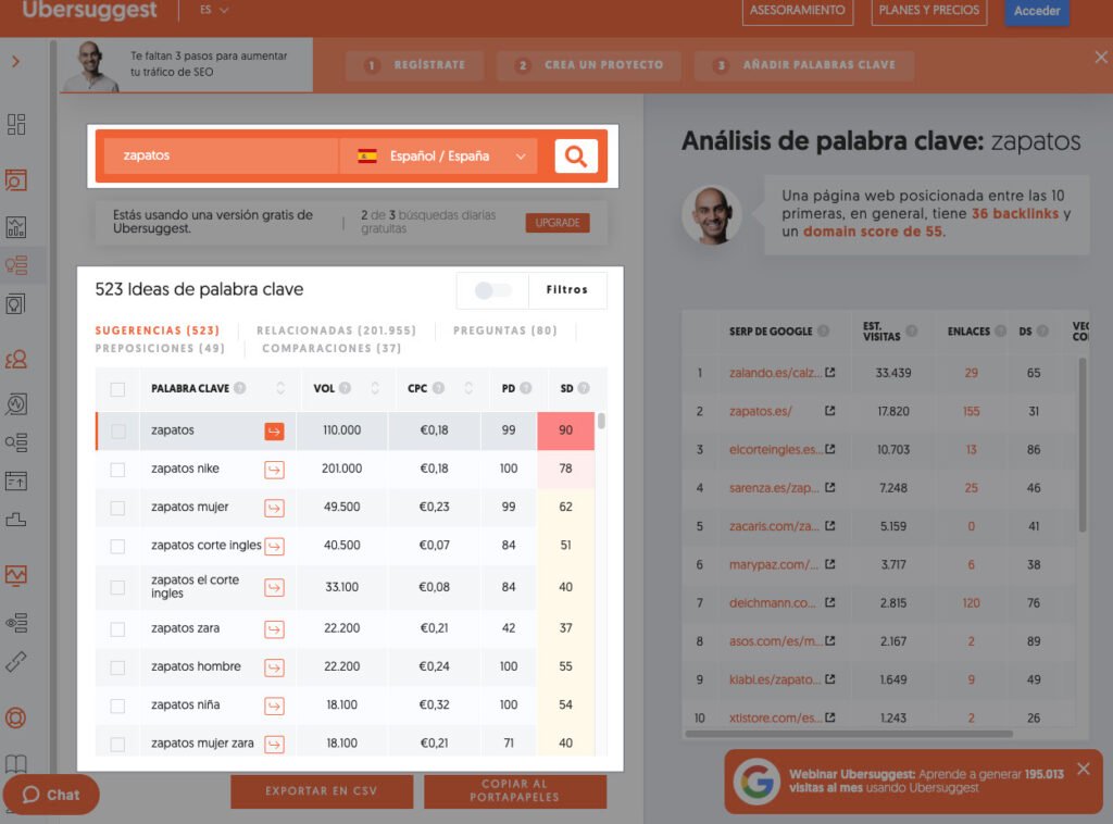 Usando Ubbersuggest para poder extraer palabras clave más específicas a partir una palabra clave semilla
