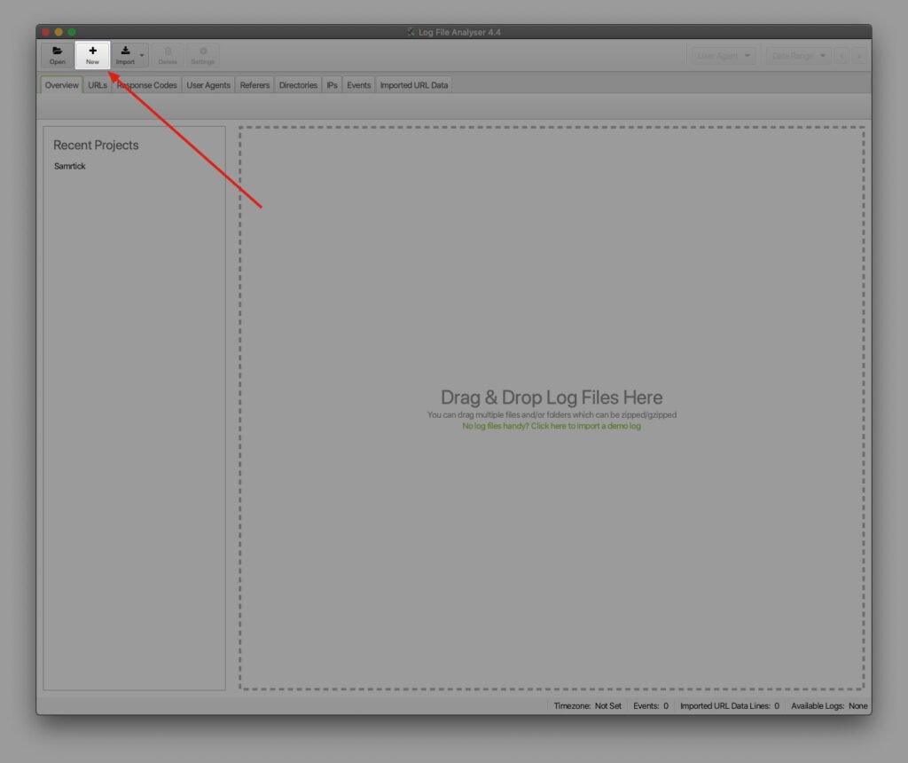Botón para crear un proyecto en SEO Log File Analyser