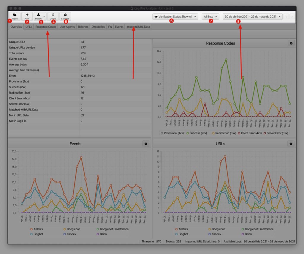 Menú superior de SEO Log File Analyser