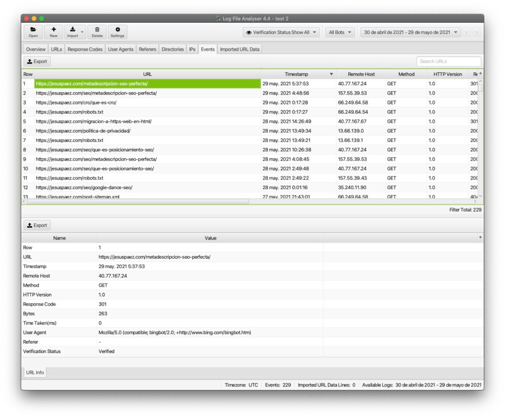 Pestaña Events del dashboard de SEO Log File Analyser