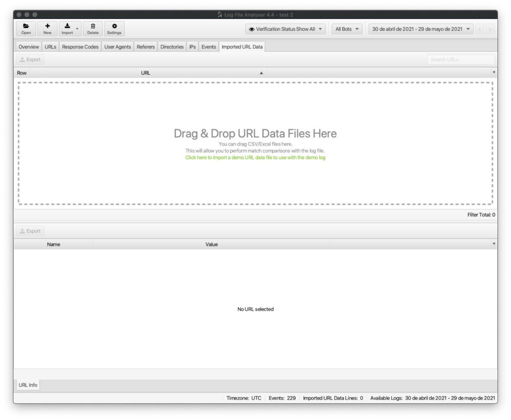Pestaña Imported URL Data del dashboard sin datos