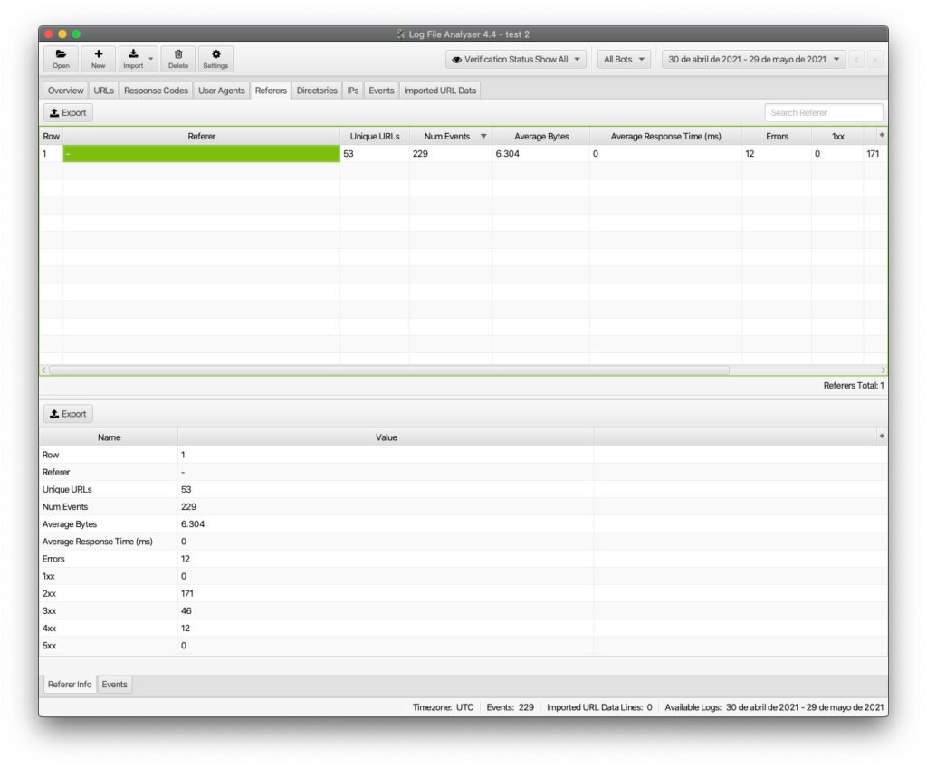Pestaña Referers del dashboard de SEO Log File Analyser