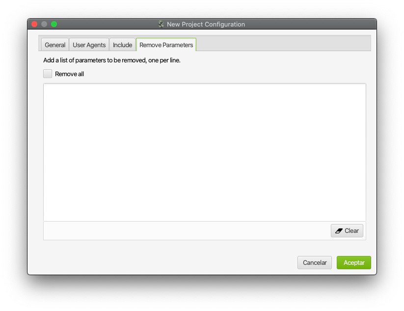 Pestaña Remove Paramenters del configurador de nuevo proyecto