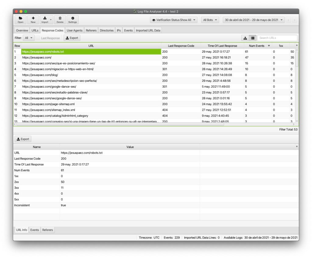 Pestaña URLs del dashboard de SEO Log File Analyser