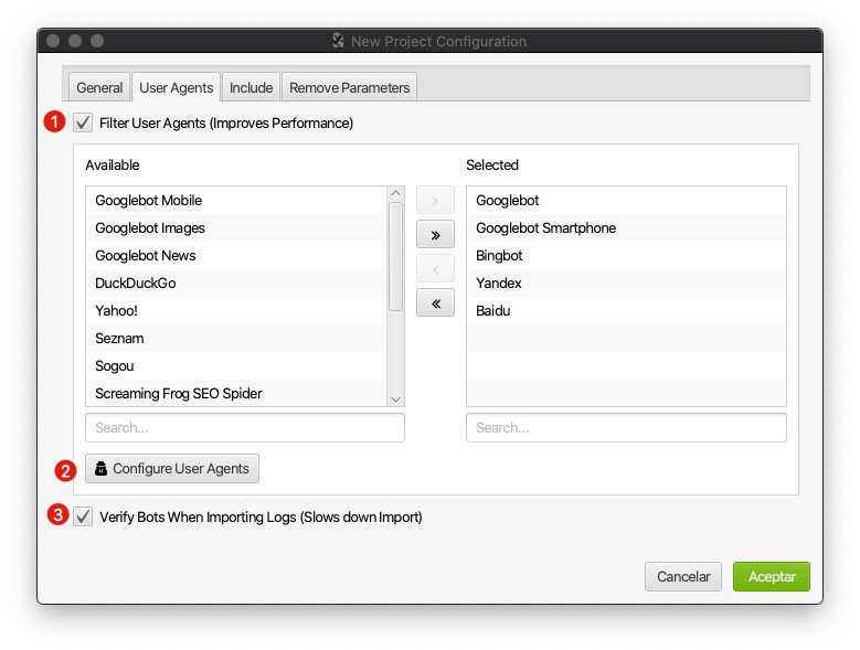 Pestaña User Agents del configurador de nuevo proyecto
