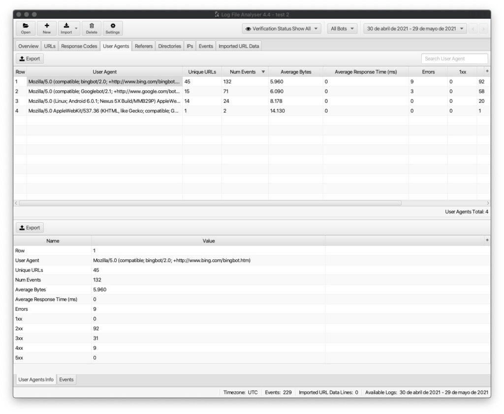 Pestaña User Agents del dashboard de SEO Log File Analyser