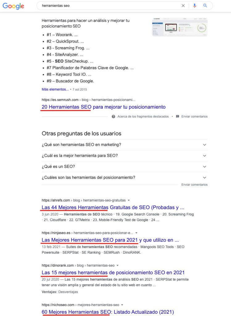 Ejemplo intención de búsqueda para la palabra clave "herramientas seo"