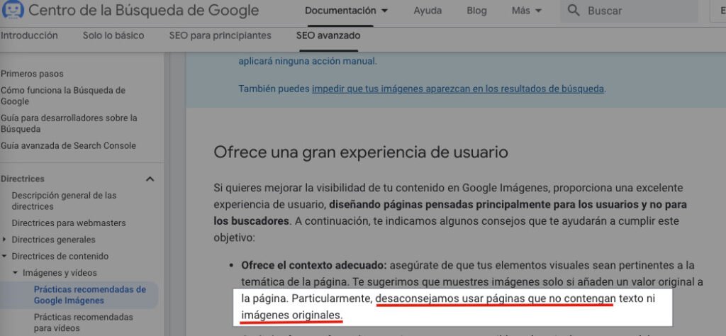 Documentación de Google desaconsejando el uso de imágenes no originales