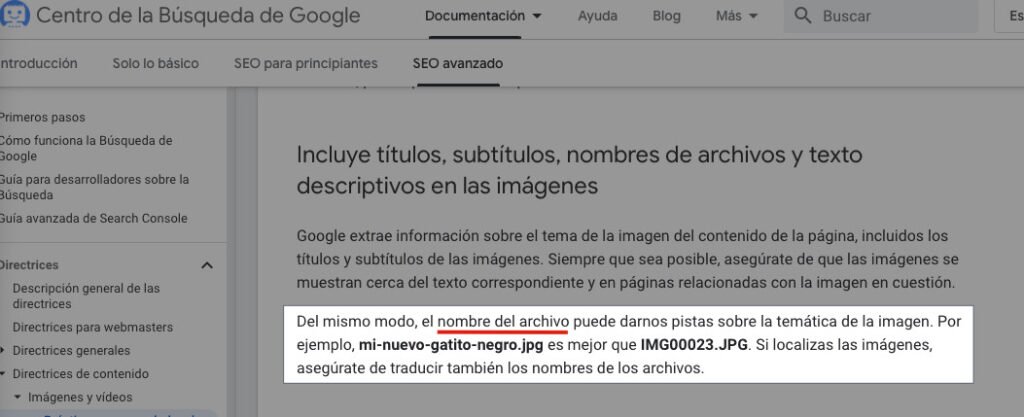 Documentación de Google haciendo referencia al nombre del archivo de la imagen como factor importante