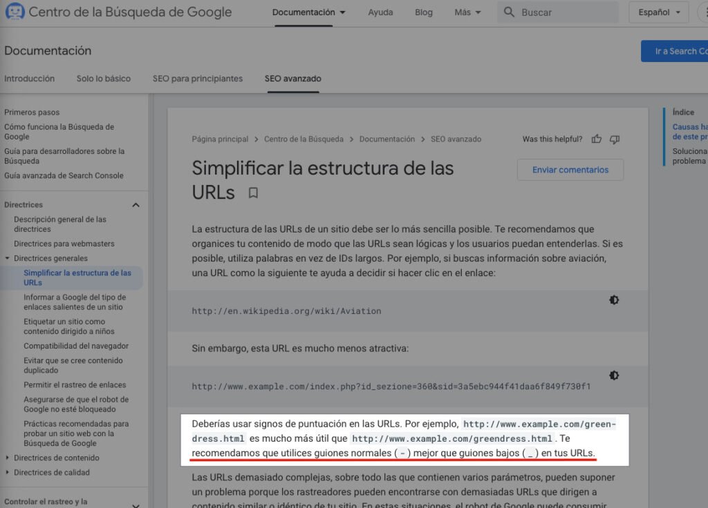Documentación de Google recomendando usar guiones normales para las separaciones de las URLs