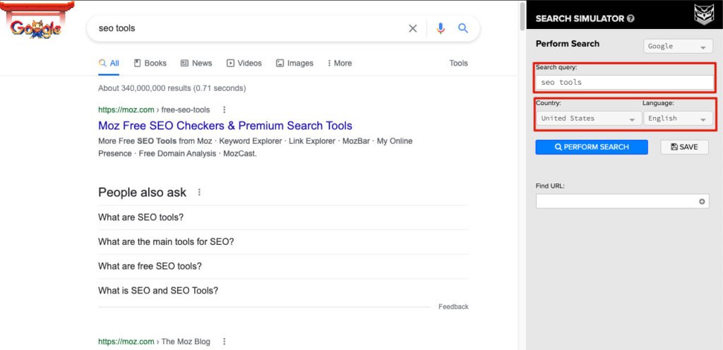 Ejemplo de análisis de competencia en otro país usando SEO Search Simulator