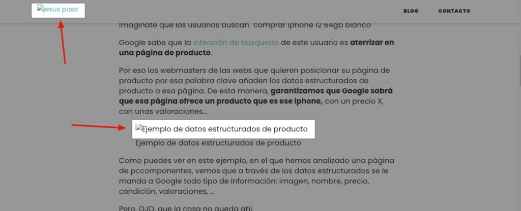 Ejemplo de como se muestra el ALT text cuando no cargan las imágenes