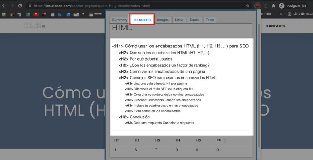 Ejemplo de cómo usar la extensión de SEO META in 1 CLICK para ver los encabezados de un contenido SEO