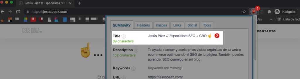 Ejemplo de como ver el título SEO de una página con la extensión de SEO META in 1 CLICK