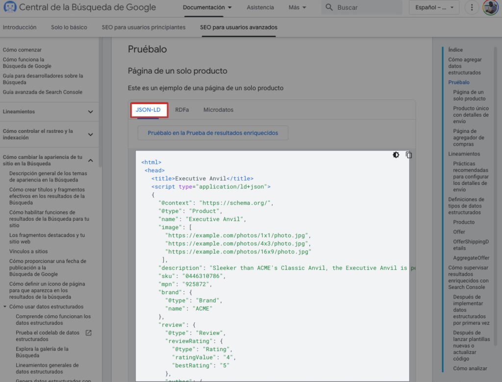 Ejemplo de marcado de datos de producto de la documentación oficial de Google