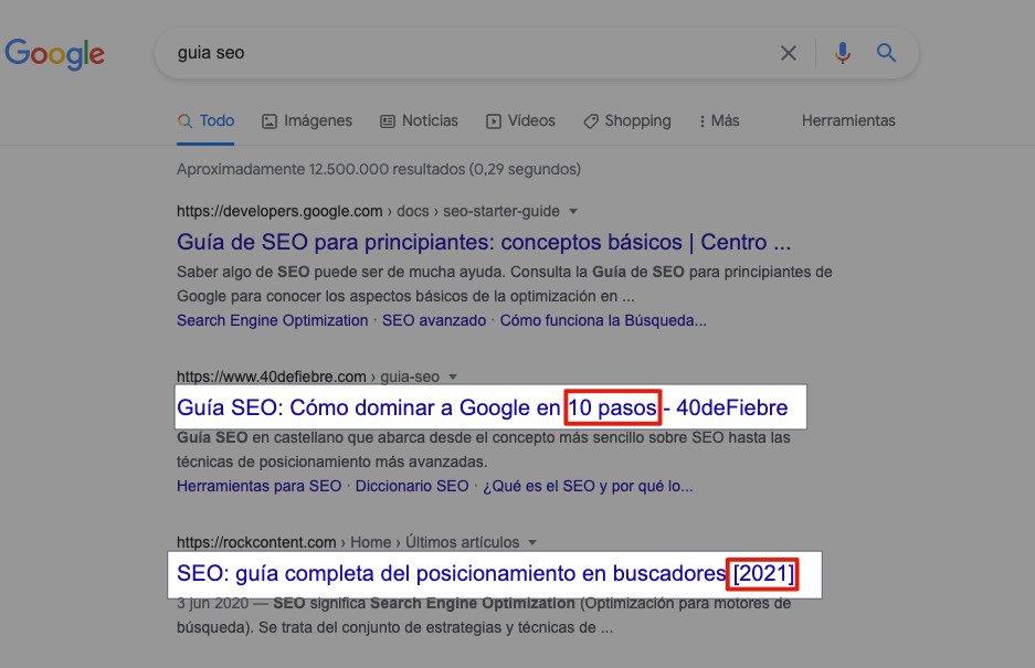 Ejemplo de páginas usando un título SEO con números