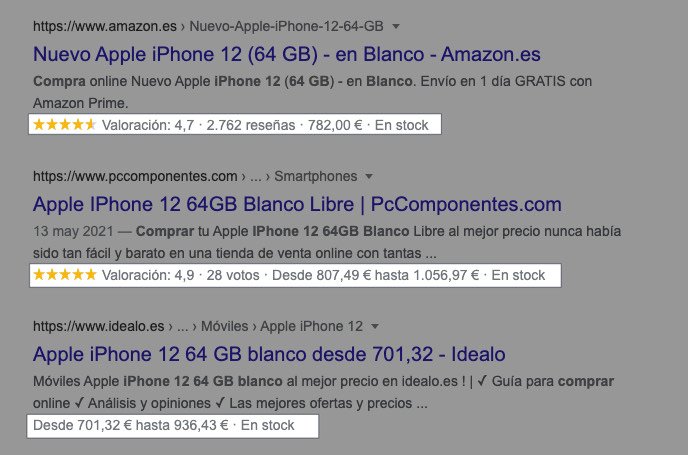 Ejemplo de varios resultados con fragmentos enriquecidos