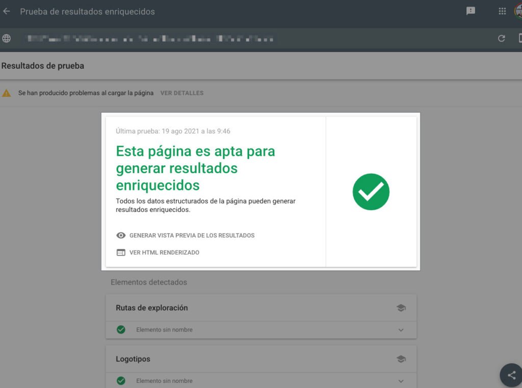 Test correcto de validación en la herramienta de prueba de resultados enriquecidos