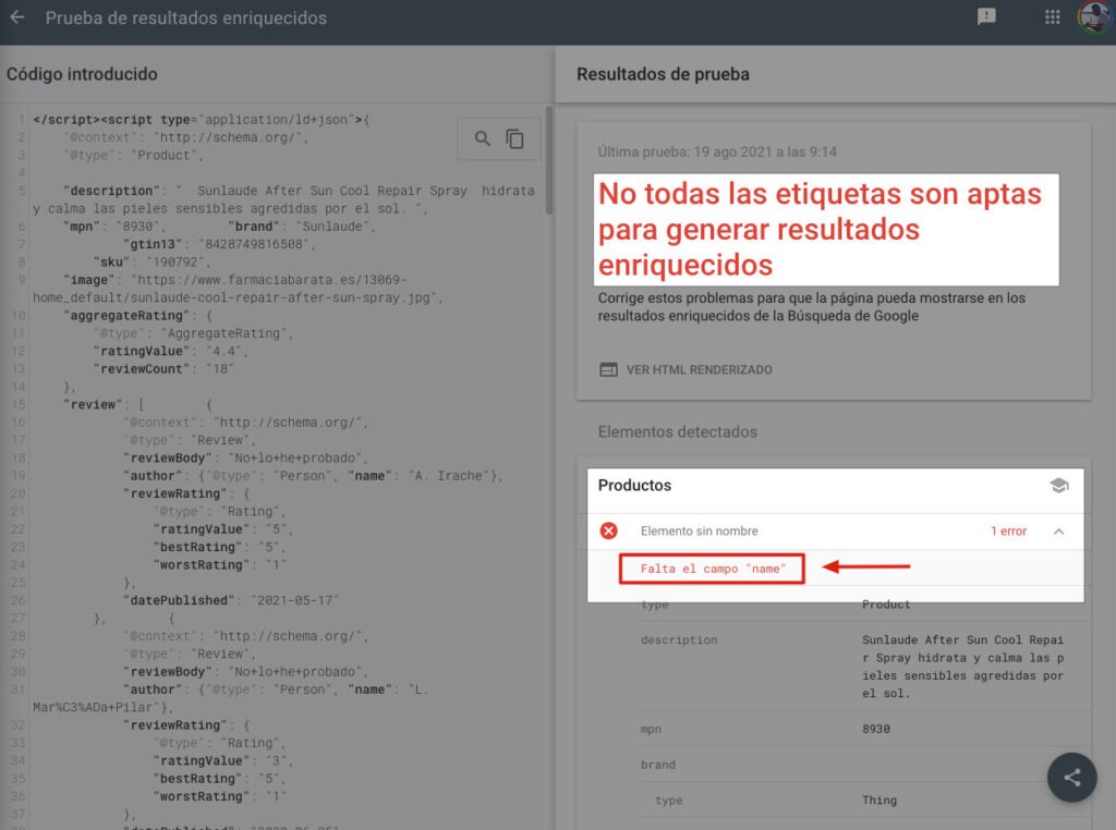 Test fallido de validación en la herramienta de prueba de resultados enriquecidos