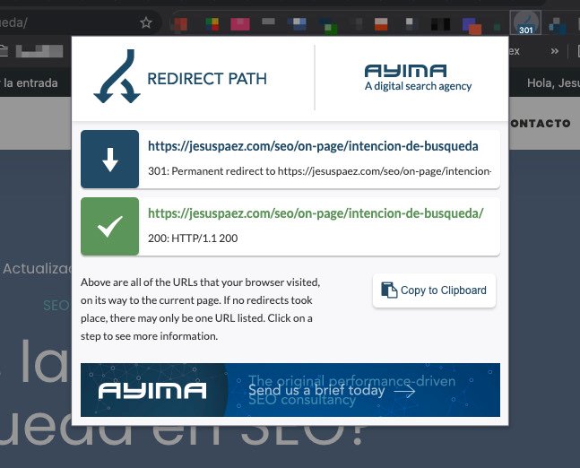 Comprobación de una redirección 301 usando la extension de Redirect Path