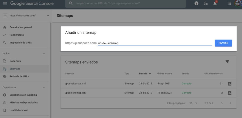 Ejemplo de cómo enviar un sitemap desde Google Search Console