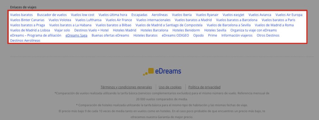 Ejemplo de enlaces SEO en el prefooter de eDreams