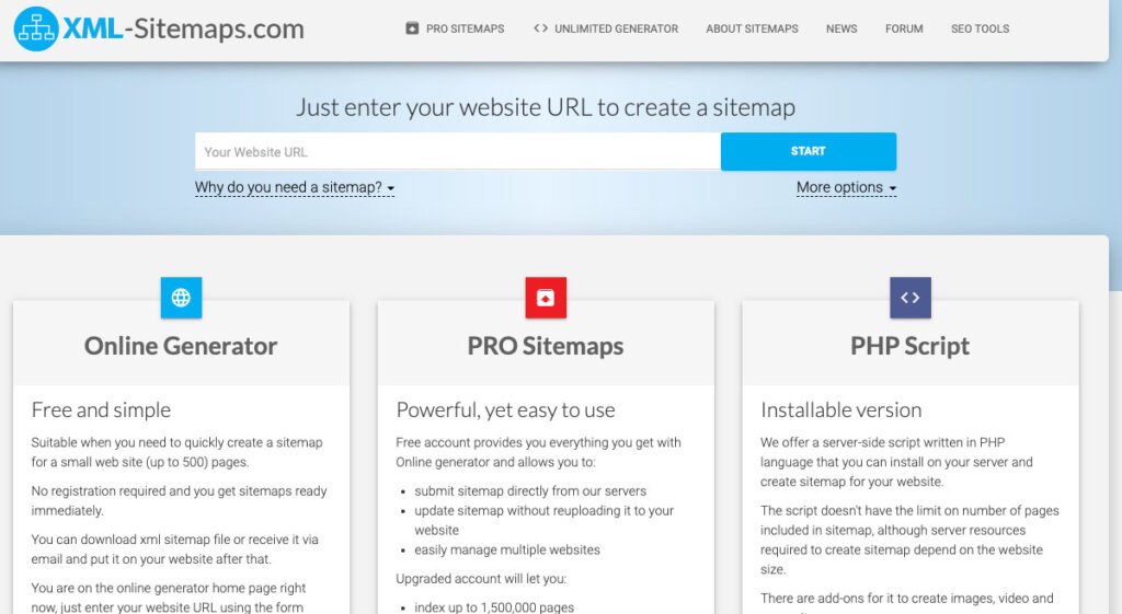 Ejemplo de la herramienta online de XML-Sitemaps para generar sitemaps 
