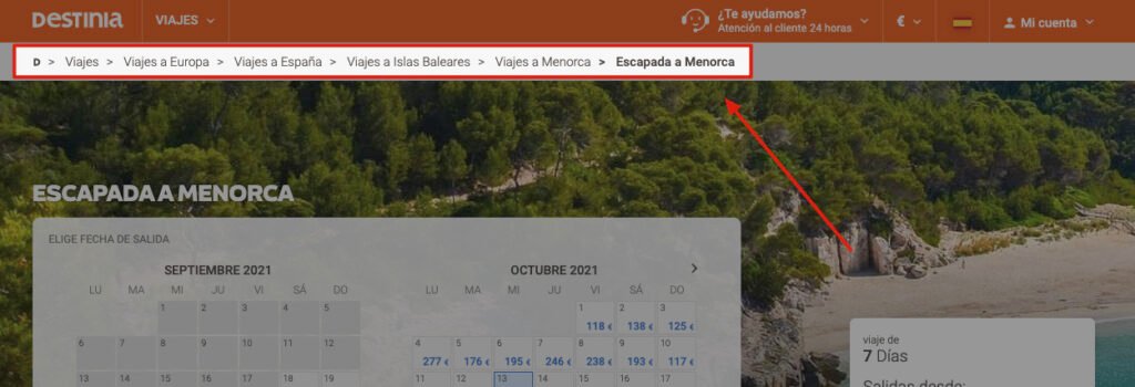 Ejemplo de migas de pan dentro de la web de Destinia