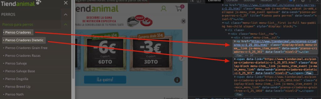 Ejemplo de ofuscación de enlaces en el menú de Tiendanimal