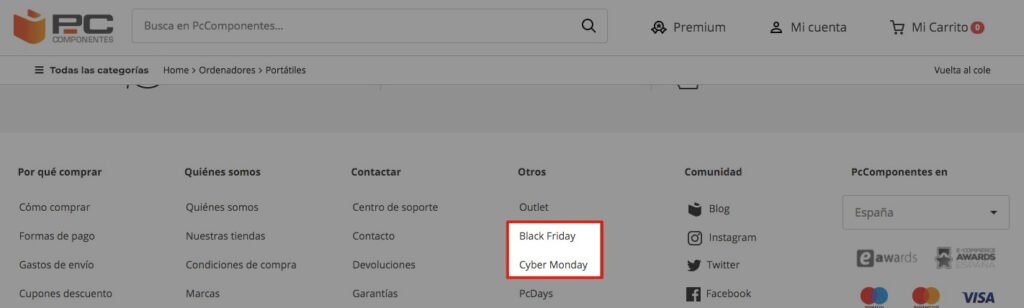 Ejemplo de uso de enlaces SEO en el footer de PcComponentes