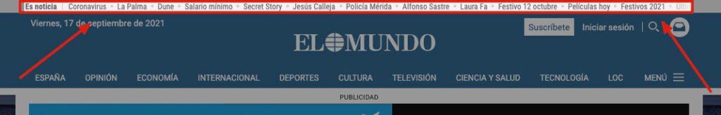 Ejemplo de uso de enlaces en el header de El Mundo