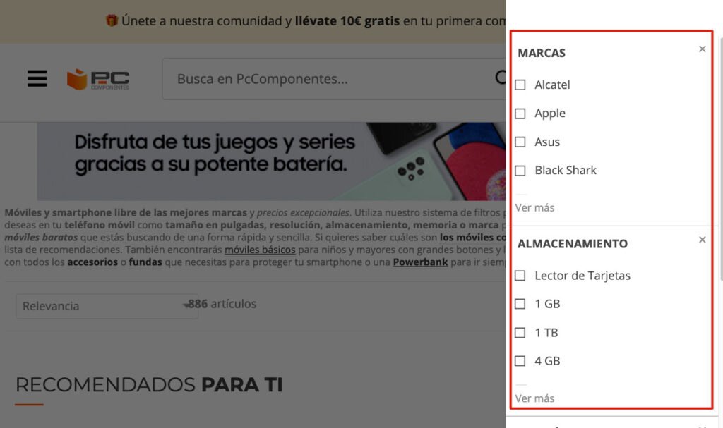 Ejemplo de uso de enlaces en filtros de PcComponentes