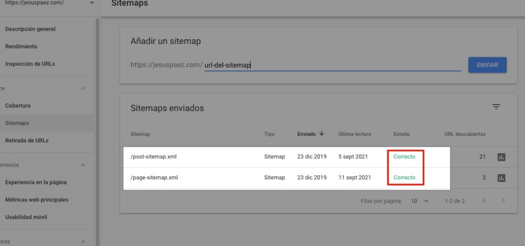 Google Search Console mostrando estado de los sitemaps correcto