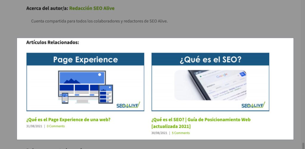 Módulo de artículos relacionados en el blog de SEO Alive