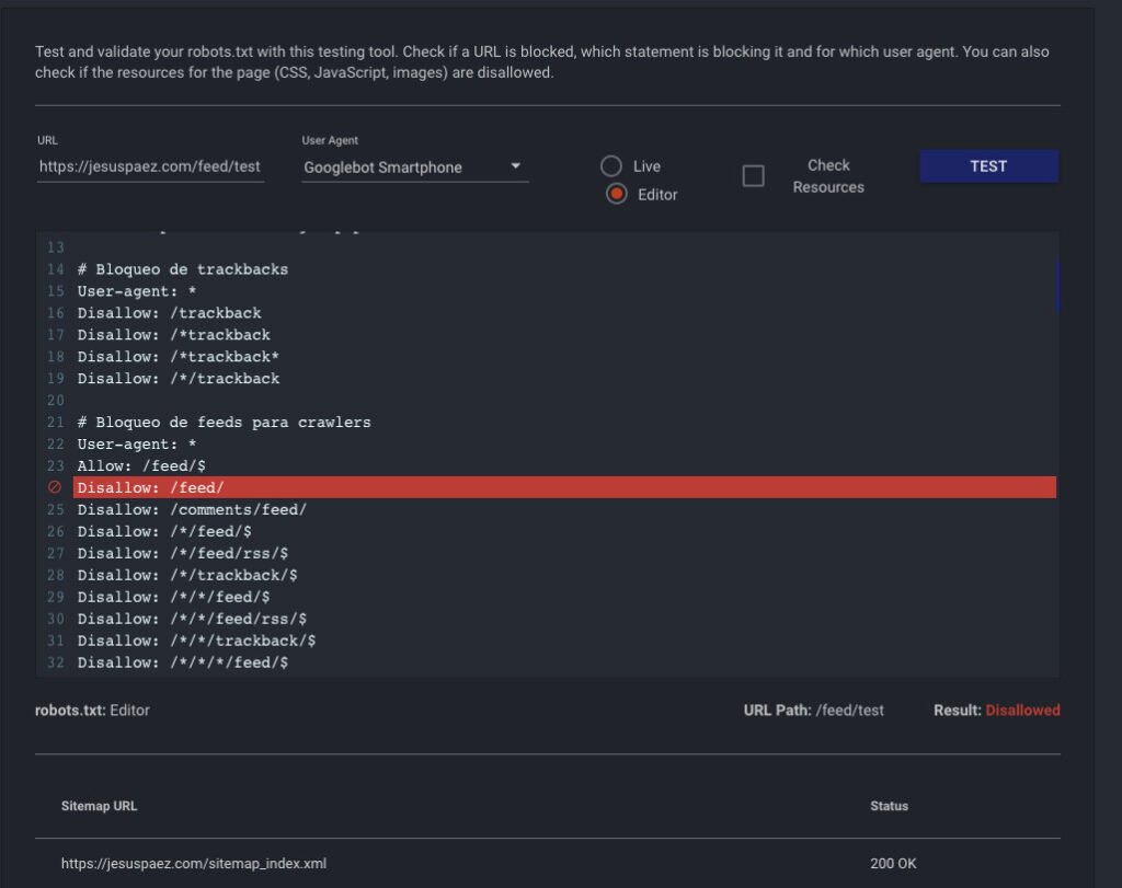 Resultado bloqueado usando la herramienta de TechnicalSEO para validación de robots.txt sobre una página de ejemplo