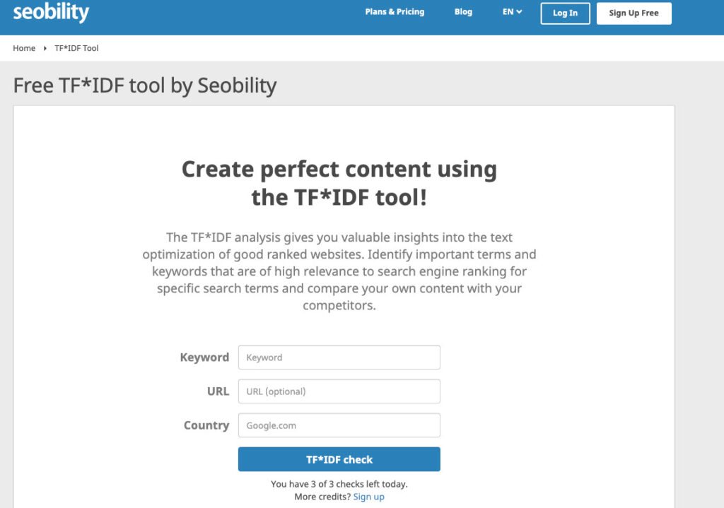Seobility como herramienta gratuita para hacer análisis TF IDF