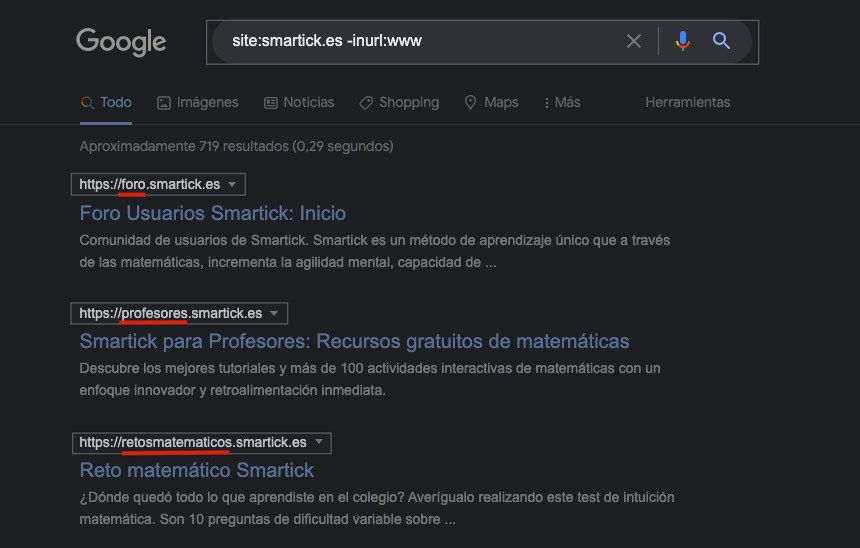 Ejemplo de subdominios detectados usando operadores de Google