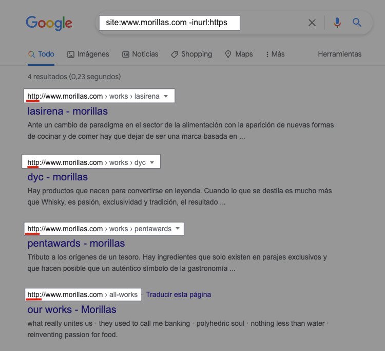 Ejemplo de uso de operadores de Google para encontrar paginas sin protocolo https indexadas