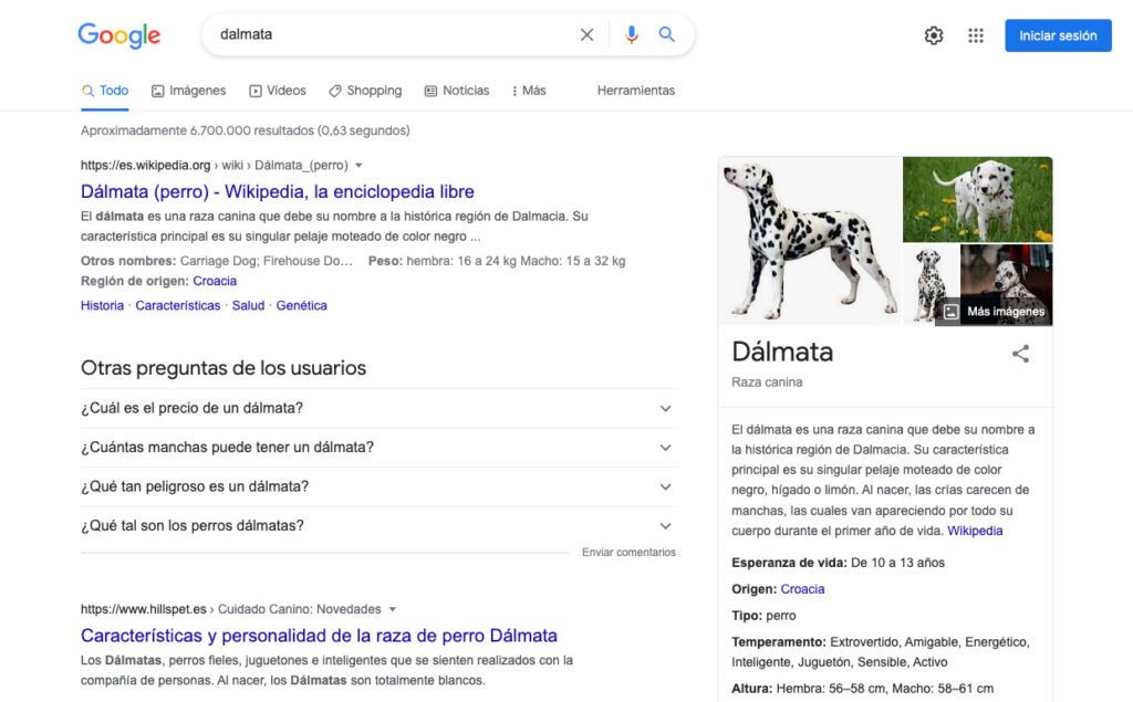 Hoja de resultados de Google para la palabra clave dalmata