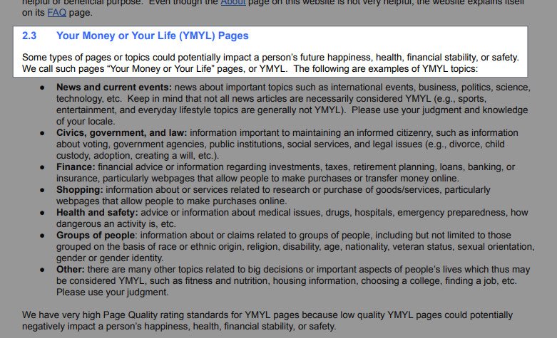 Mención a las páginas YMYL dentro de los Search Quality Evaluator Guidelines