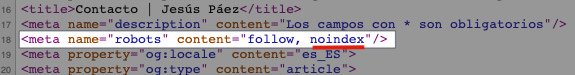 Ejemplo de etiqueta noindex en el código fuente de una página web