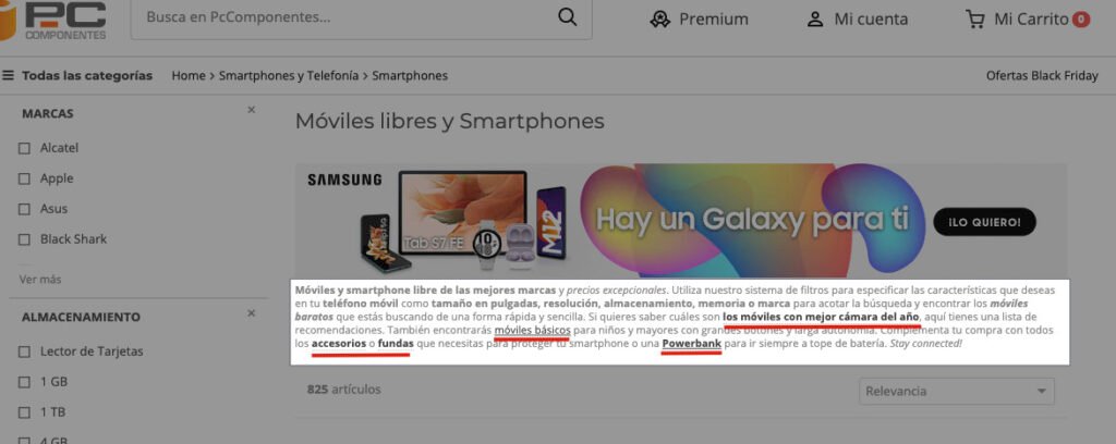 Ejemplo de uso de enlaes dentro del contenido en la web de PcComponentes
